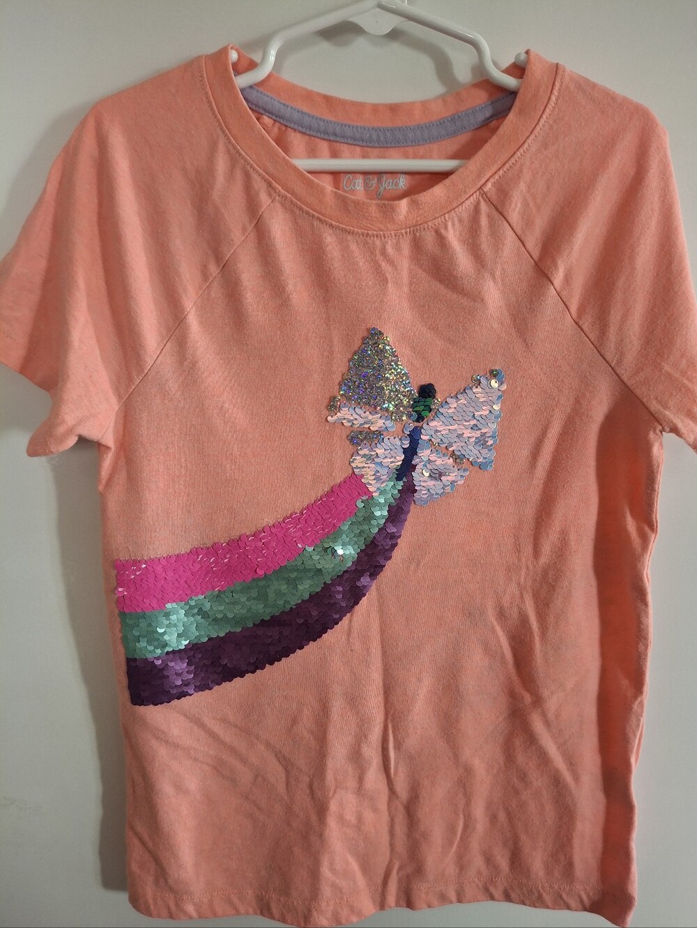 Cat & Jack Coral Tee with Sequin Butterfly and Rainbow Trail